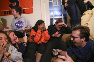 Angie Pati, left, and James Franco, right, both sitting on the couch, will serve as vice president and president of Student Association's 61st legislative session, respectively.